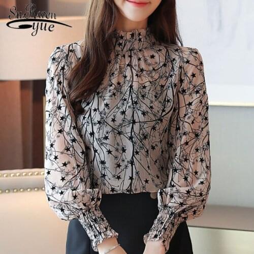 2019 Autumn Fashion Women Chiffon Blouse Casual Stand Collar Floral Women Clothing Long Sleeve Printed Shirt Women Tops 6197 50