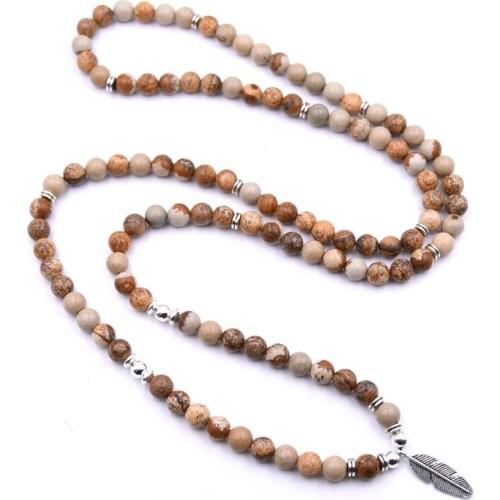 Fashion Women`s Matte Amazonite 108 Mala Beads Bracelet or Necklace High Quality feather Charm New Design Yogi Bracelet