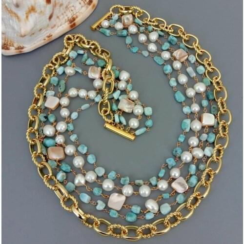 YYGEM 5 Strands Natural Larimar Freeform Cultured White Pearl Blue Shell Rosary Chain statement Necklace 18.5"