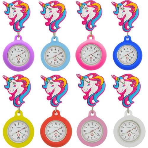 Pretty Colourful Rainbow Unicorn Retractable Silicone Girls Women Ladies Nurse Doctor Hospital Gifts Dress Pocket Watches Clock
