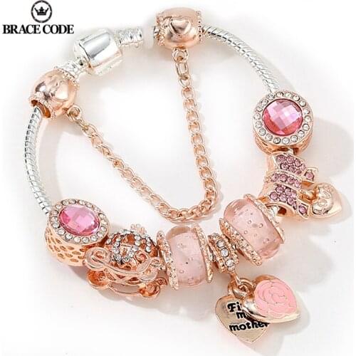 European Rose Gold Rose Flower Pendant Charm Bracelet Fit Womens Jewellery Snake Chain Rose Gold Metal Fashion Fine Bracelets