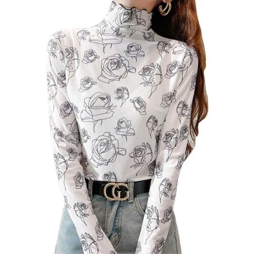 Black Rose Floral Mesh Bottom T Shirt Women Summer Thin High Collar Ice Long Sleeve Sunscreen Shirt With Lace Slim Tees Tops