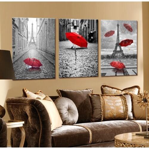 Hot Sale Art Black and White Eiffel Tower with Red Umbrella on Paris Street Painting Romantic Picture Artwork Prints Canvas