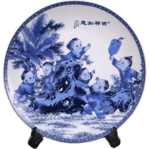 Chinese Old Porcelain Blue And White Baby Play Pattern Appreciation Plate