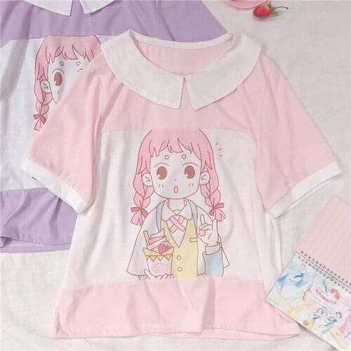 Korean Preppy Style Cute Anime Girl Printed T-shirt Short Sleeve T shirt Student Young Girls Tee Shirts Harajuku Graphic Tops