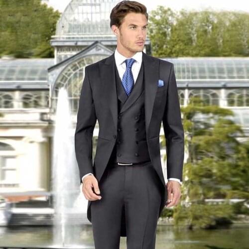 Vintage Italian Tailcoat Black Mens Wedding Suits for Men Groomsmen Suit 3Piece Slim Fit Best Man Blazers Jacket Groom Tuxedos