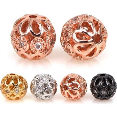 Round Ball CZ Beads 8mm 10mm DIY Metal Bead Brass Micro Pave Cubic Zirconia Hollow Spacer Beads Charms Wholesale 10Pcs
