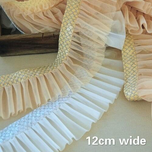 12cm Wide Mesh Pleated Sequins Webbing Lace Fabric DIY Ladies Clothing Cuff Skirts Edging Sofa Home Textile Sewing Accessories