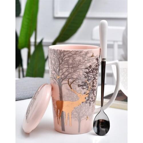 Christmas Deer Mug Ins Pink Girl Heart Ceramic Cup Nordic Couple Water Cup Coffee with Lid Spoon kawaii mug