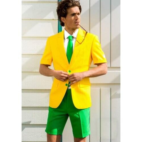 Latest Design Yellow and Green Summer Fashion Mens Suits with Short Pants for Wedding Tuxedos 2 piece Male Beach Blazer