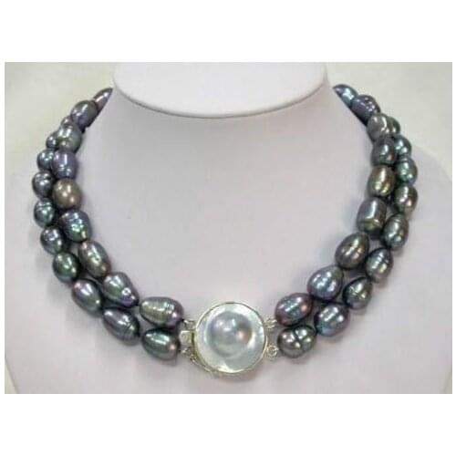 Charming Wedding Birthday Pearl 2 Rows Black Color Freshwater Pearl Necklace 17-18 inch Shell Clasp