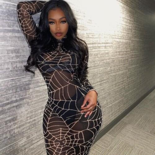 Autumn Women Nightclub Style Mesh Perspective Spider Net Dress Sexy Mesh See Through Bodycon Club Dress Party Clubwear Outfits