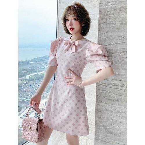 Top Quality Retro ironing and edging bowknot Polka Dot bubble sleeve dress summer new style