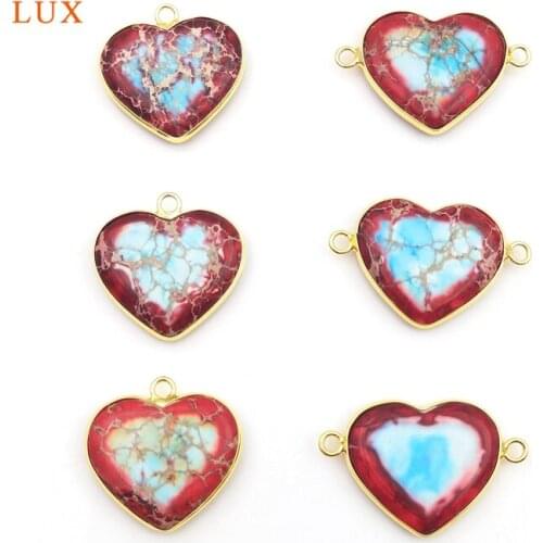 2pcs Natural Strawberry Blue Emperor Stone Heart Shaped Pendants Two Hole Connector Charm Woman Jewelry Making Necklace Bracelet