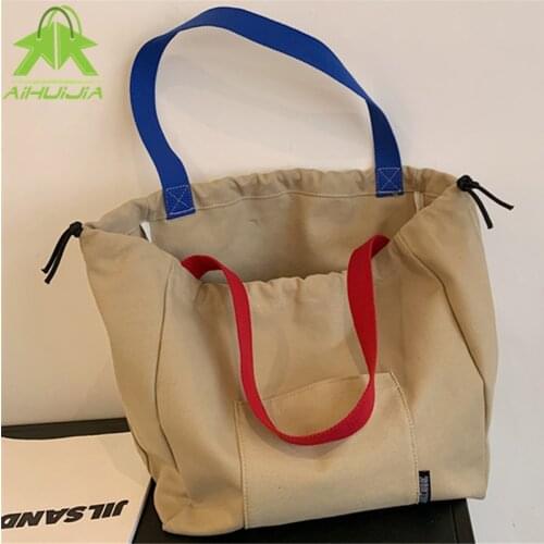 Simplicity Solid Color Drawstring Water Proof Canvas Bags Casual Fashion Hand Bags New Trend High Capacity Women Shoulder Bags