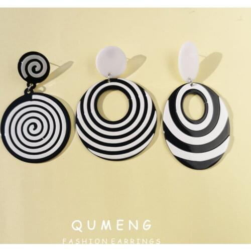 QUMENG 2020 Korean punk Round stud Earrings black and white Spiral Earrings for women acrylic Exaggerated Party Jewelry
