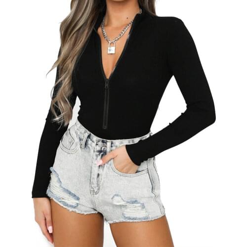 Sexy Jumpsuit Romper Short Sleeve Bodysuit Club Autumn Black Women Clothing Bodycon Bodysuit Zipper Femme Catsuit Clothes Outfit