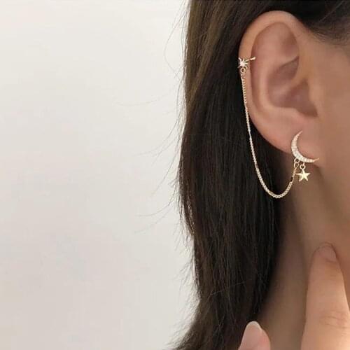 Simple Moon Star Rhinestone Long Chain Earrings For Women Shine Sun Crescent Geometric Tassel Piercing Earring Party Jewelry