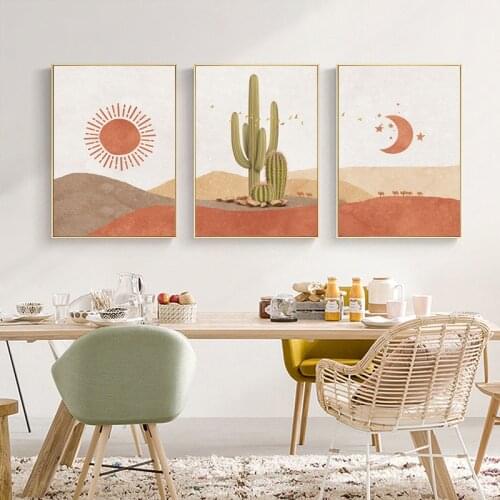 Nordic Landscape Sun and Moon Cactus Desert Canvas Wall Painting Art Print Picture Home Living Room Decoration Modern Posters