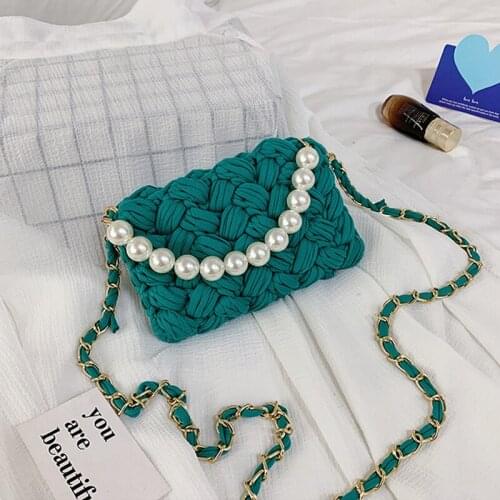 Fashion Pearls Chain Rope Woven Crossbody Bags for Women Knitting Shoulder Bag Handmade Lady Handbags Female Small Purses 2021