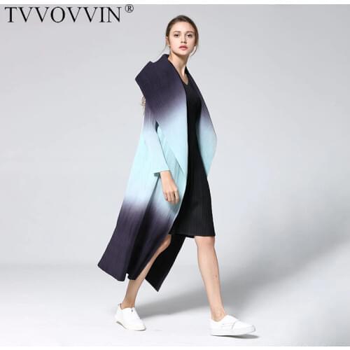 TVVOVVIN 2020 New Fashion Pattern Pleated Leisure Long Sleeve Cardigan Large Lapel Gradient Color Slim Womens Trench Coat Y904
