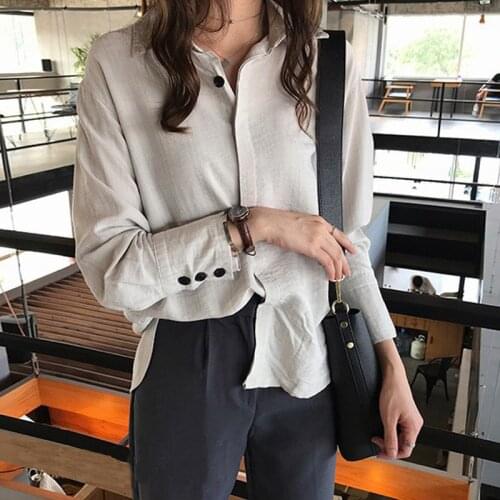 Women Loose Long Sleeve Lapel Blouse Loose Tops Summer Solid Color Casual Shirt