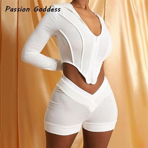 Streetwear 2 Piece Women Tracksuits Irregular Long Sleeve Zipper Hoodies Cropped Shirts Biker Shorts Joggers Two Piece Pink Sets