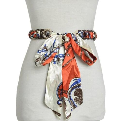 Womans summer vintage retro wave point printed ribbon wooden chain weaving belt for dress shirt