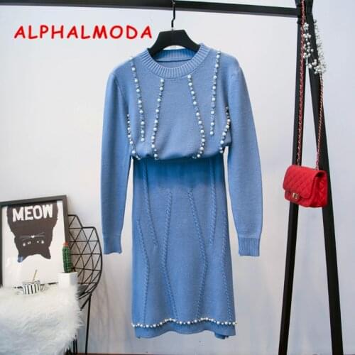 ALPHALMODA Ensemble Femme Womens Winter Suit Twisted Knitted Striped With Hand-made Crystal Elegant Women Two Piece Outfits