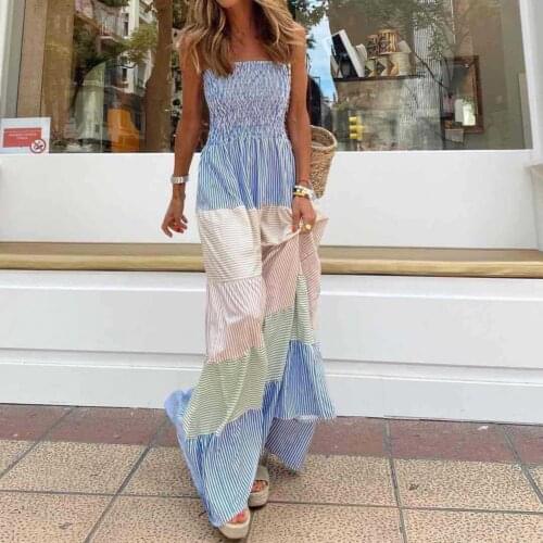 Suspenders Stitching Contrast Color Sleeveless Dresses Ladies Loose Dress Bow Knot Sling Wide Hem Square Collar Tube Top Dress