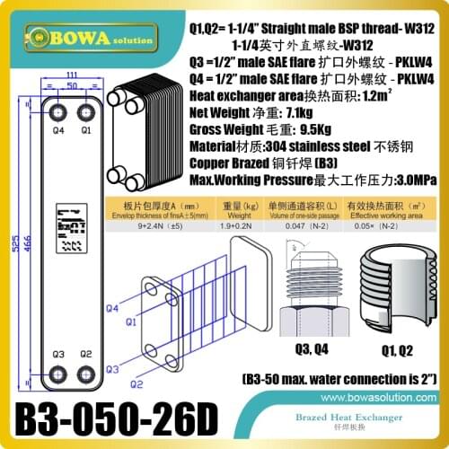 17.5KW cooling capacity R407c to water SS flat HEX is working as condenser of heat pump, replace kaori plate heat exchangers