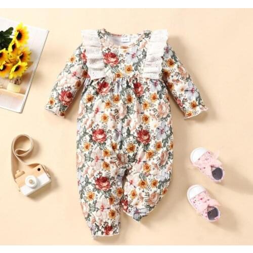 2021 Autumn Baby Flower Romper For Girls Princess Newborn Home Clothes Long Sleeve Climbing Jumpsuit 0-18m Cotton Kids Infants