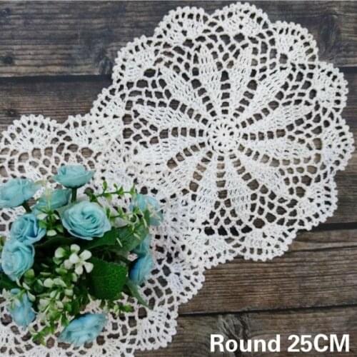 25CM Round Luxury White Cotton Crochet Mat Dining Doily Wedding Table Place Mat Cloth Christmas Placemat Mug Tea Coaster Pad