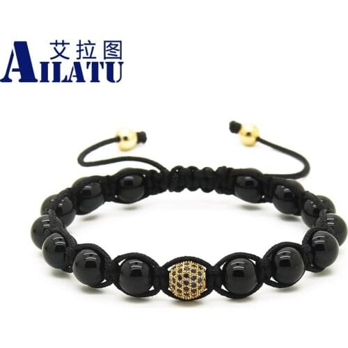 Ailatu 8mm High Grade Black Onyx Stone Beads with Blue Micro Paved CZ Ball Braiding Macrame Menss Bracelet