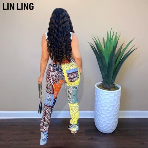 LINLING Summer Women Pants Pocket Print Contrast Patchwork Paisley Element Leg Split Casual Pants