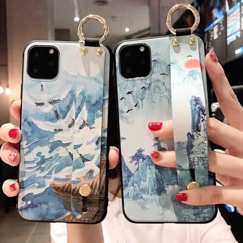 Swallow Mountain Pattern Case with Wrist Strap For iphone Xs max 11 Pro Max XR 7 6 6S 8 plus Soft Silicone Phone Case Cover