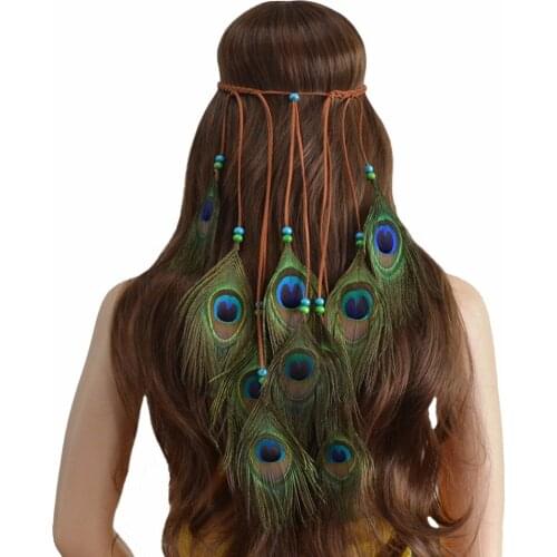 Boho Handmade Ethnic Peacock Feather Headband for Women Bohemia Headpiece Hippie Festival Gypsy Headwear Indian Hair Accessories