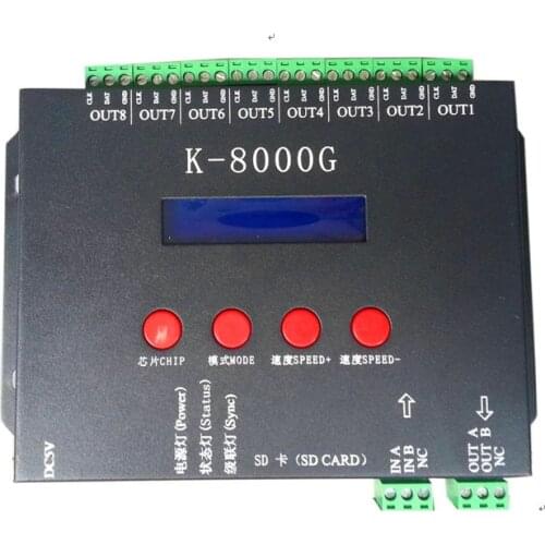K-8000G,SD card LED pixel controller;off-line;SPI signal output;controlling 8192 pixels;can choose IC type by using the button