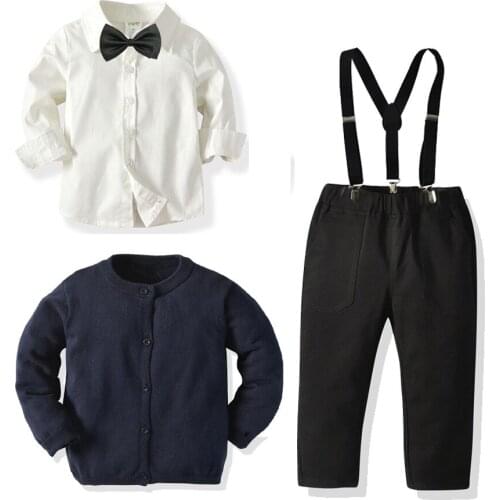 3PCS Baby Boys Suit for Birthday Party Children Cotton Clothes Kids Boys White Shirt Blue Knitted Cardigan and Belt Pants Sets