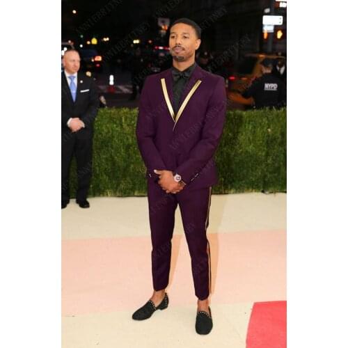 ANNIEBRITNEY Fashion Designers Gold Lapel Men Suit Set Casual Burgundy Tuxedo Slim Fit 2Pcs Men Suits Groom Wedding Prom Blazer