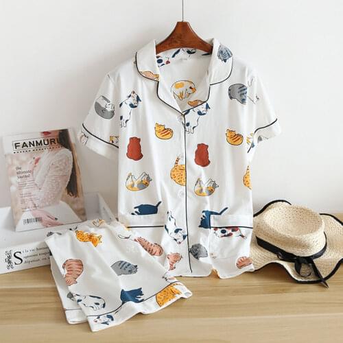 Japanese Style Kimono Cotton Pajamas for Women Summer Homewear Cat Print Harajuku Thin Short Sleeve Yukata Kawaii Top Pants Set