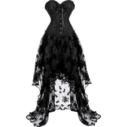 Corset dresses high and low skirt tulle long lace corset bustier plus size gothic masquerade costume gown korsett sexy black 6xl