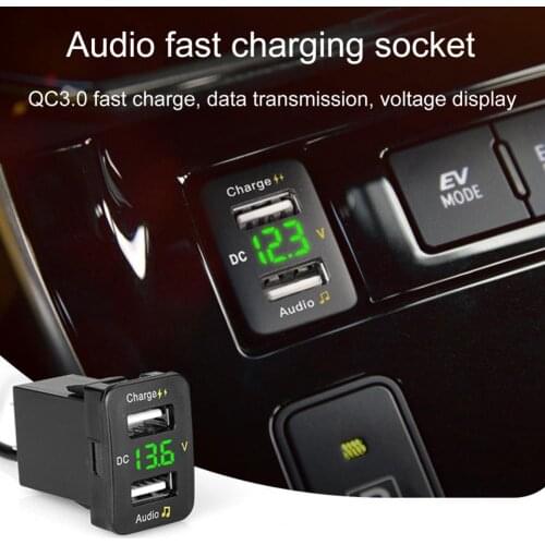 QC3.0 18W Quick Charge Dual Port USB Car Charger with Audio Socket for Toyota Series Voltmeter USB Adapter Charging for Mobile