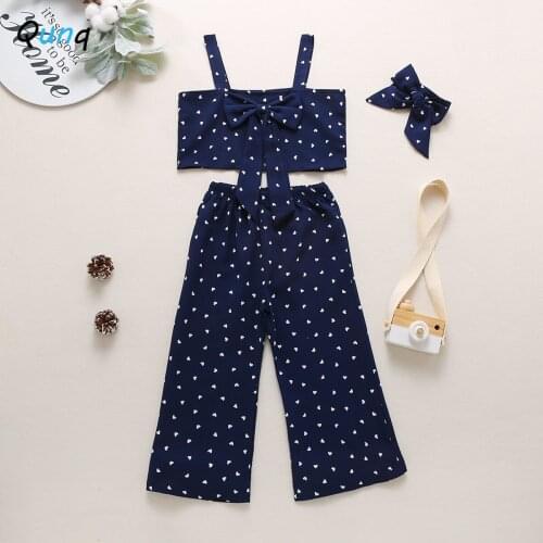 Qunq Fashion Girl Clothes Summer Bow Short Tops Wide Leg Pant Headband Kids Suits 2021 New Lovely Heart Children Clothing Set