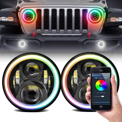 YOUSTAR 60W 7 Inch Round LED Headlights Bluetooth Control With Multi-Color Compatible With Jeep Wrangler JKU TJ