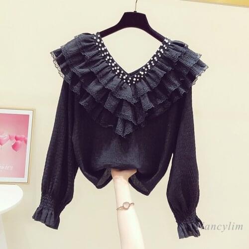 Black Shirt Women 2021 Spring New Temperament Beaded V-neck Flared Sleeves Casual Female Blouse Top