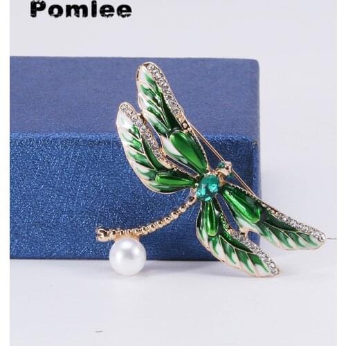 Pomlee Korea Colorful Pearl Oil Dragonfly Brooches For Women Insect Animel Pin Broche Femme Bijoux