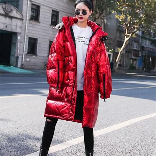 Bright Noodles In The Long Section Of Cotton Jacket Women 2019 Winter New Big Red glossy Hooded Loose Cotton Clothing Coat Tide