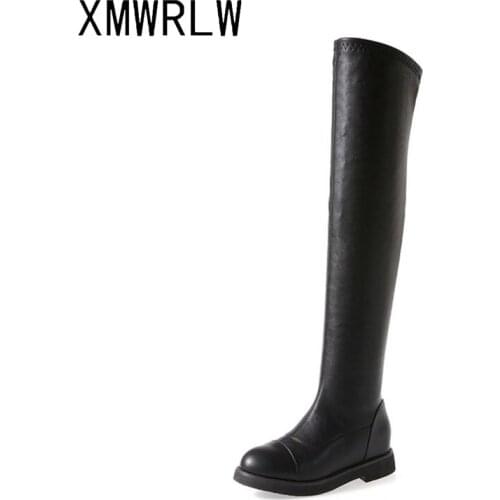XMWRLW Womens Boots Autumn Winter PU Leather Women Flat Shoes High Boots Warm Plush Woman Winter Shoes Ladies High Boot Shoe