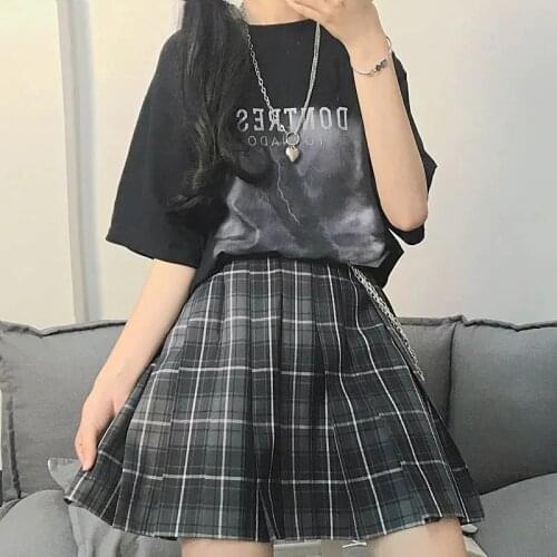 [Two-piece suit] Girly handsome cool style dark cloud small lightning print T-shirt pleated skirt suit/single piece